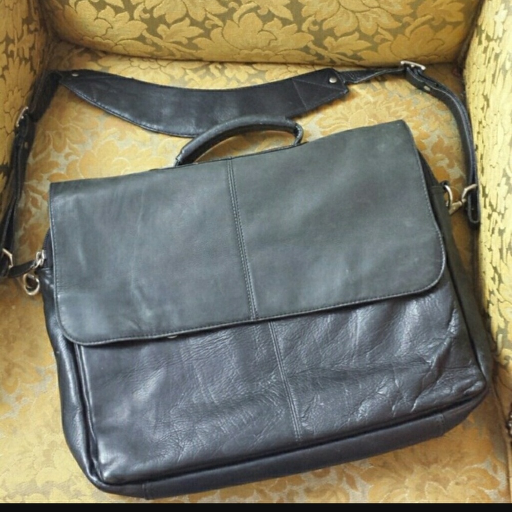 Black leather messenger/laptop bag.